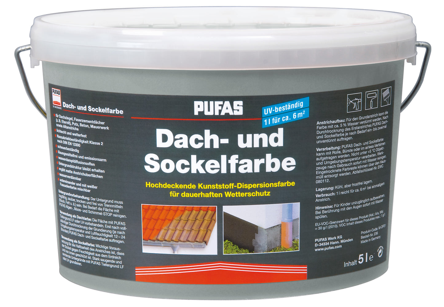 PUFAS Dach- + Sockelfarbe Betongrau 5L