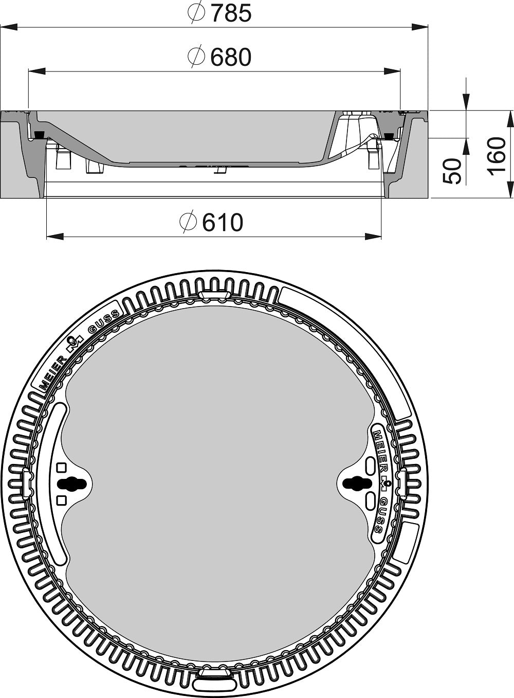 Schachtabdeckung D 400 KN, rund ohne Lüftung mit Dämpungseinlage / Da 785 / Di 610 / H160 mm