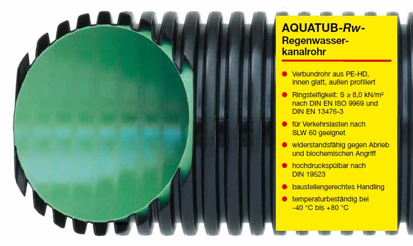 Aquatub-Rw Regenwasserkanalrohr SN8 in Verbundbauweise, mit angeformter Verbindungsmuffe, außen gewellt, innen glatt