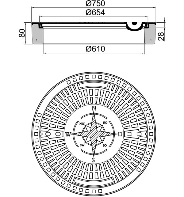 Schachtabdeckung "Windrose"  Kl. A15 50kN  Da 750 Di 610 H 80 mm, ohne Ventilation